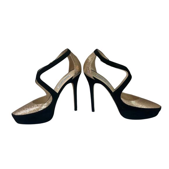 Jimmy Choo Black Suede & Gold Glitter Platform Pumps IT 39.5 US 9.5 - Picture 4 of 10